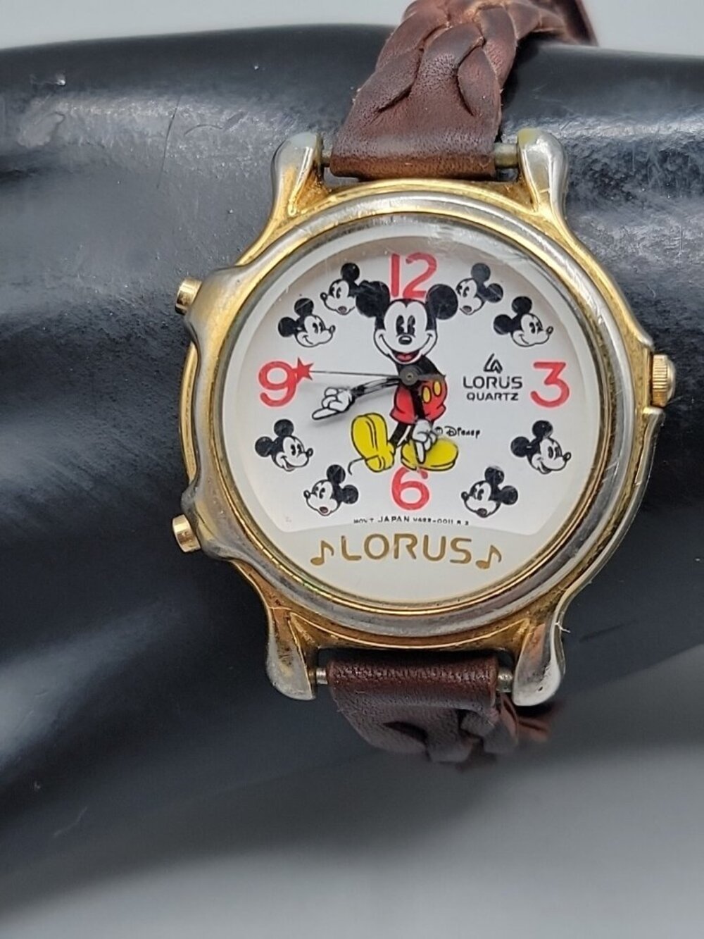 Vtg Lorus Seiko Disney 1990s Mickey Mouse Musical Watch 8" Braided Leather 34mm - Picture 7 of 15